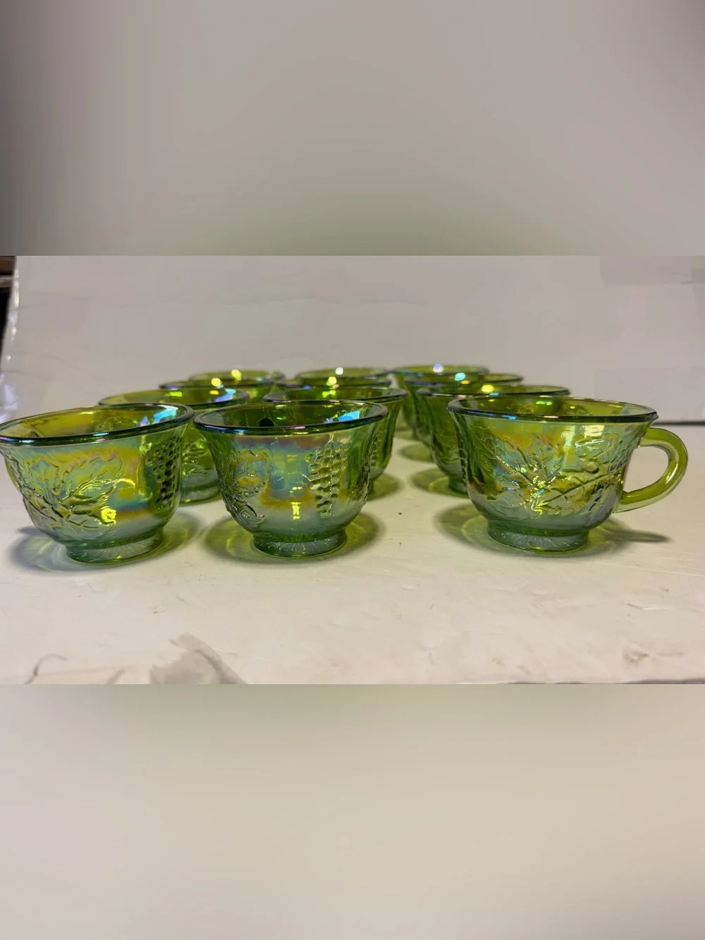 Indiana Glass Green Iridescent Grape Pattern Cups - Set of 12